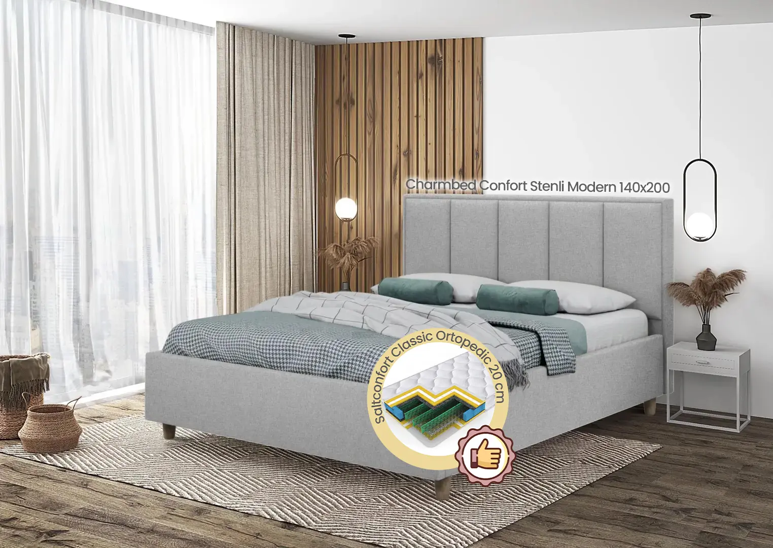 Pat cu saltea Charmbed Confort Stenli Modern Glow 15 Light Grey/Walnut + Saltconfort Classic Ortopedic 140х200/20