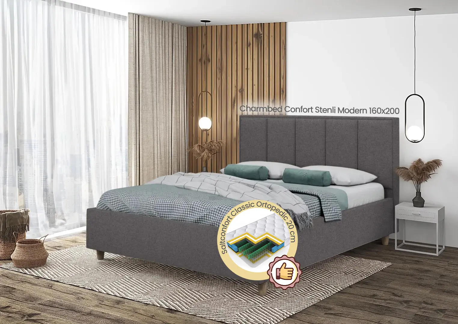 Pat cu saltea Charmbed Confort Stenli Modern Glow 19 Anthracite/Walnut + Saltconfort Classic Ortopedic 160х200/20