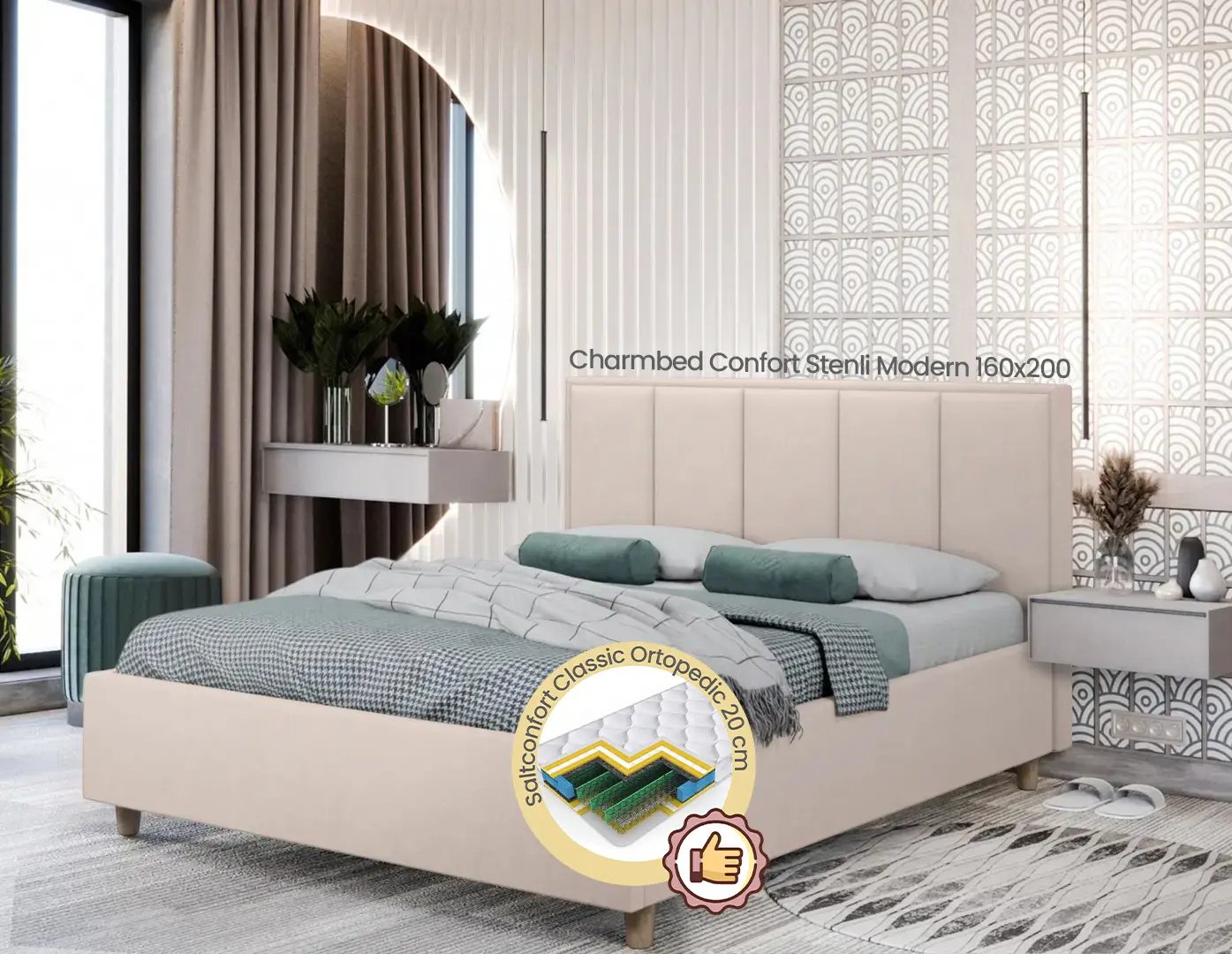 Pat cu saltea Charmbed Confort Stenli Modern Velluto 02 Beige/Walnut + Saltconfort Classic Ortopedic 160х200/20