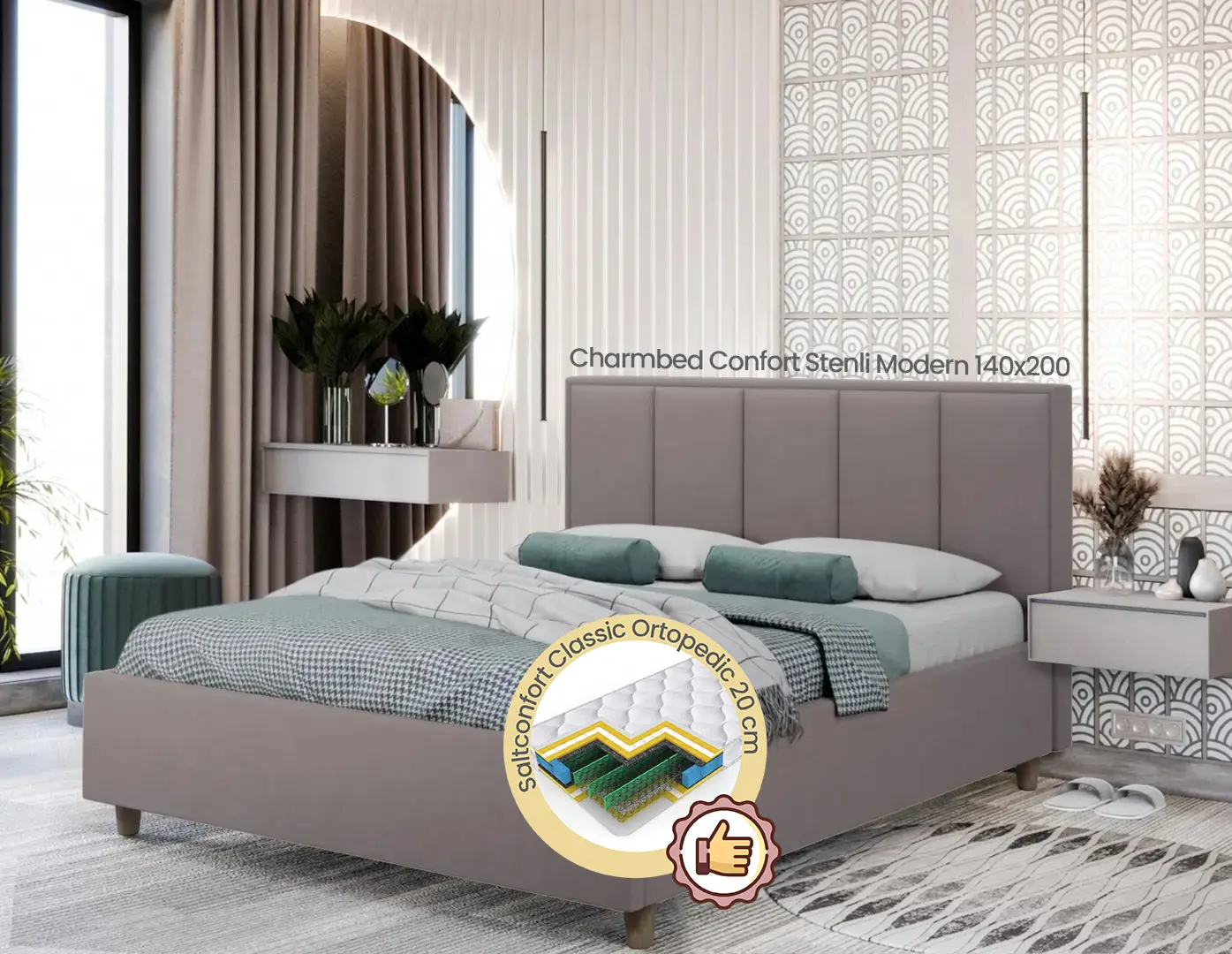 Pat cu saltea Charmbed Confort Stenli Modern Velluto 15 Silver/Walnut + Saltconfort Classic Ortopedic 140х200/20