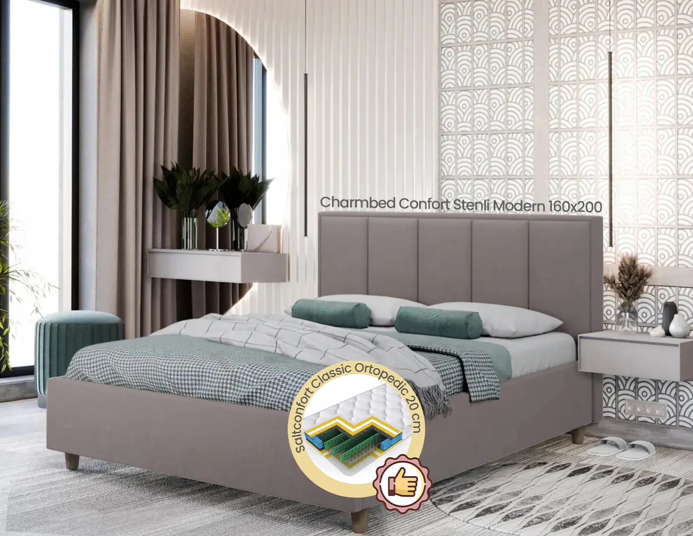 Pat cu saltea Charmbed Confort Stenli Modern Velluto 15 Silver/Walnut + Saltconfort Classic Ortopedic 160х200/20