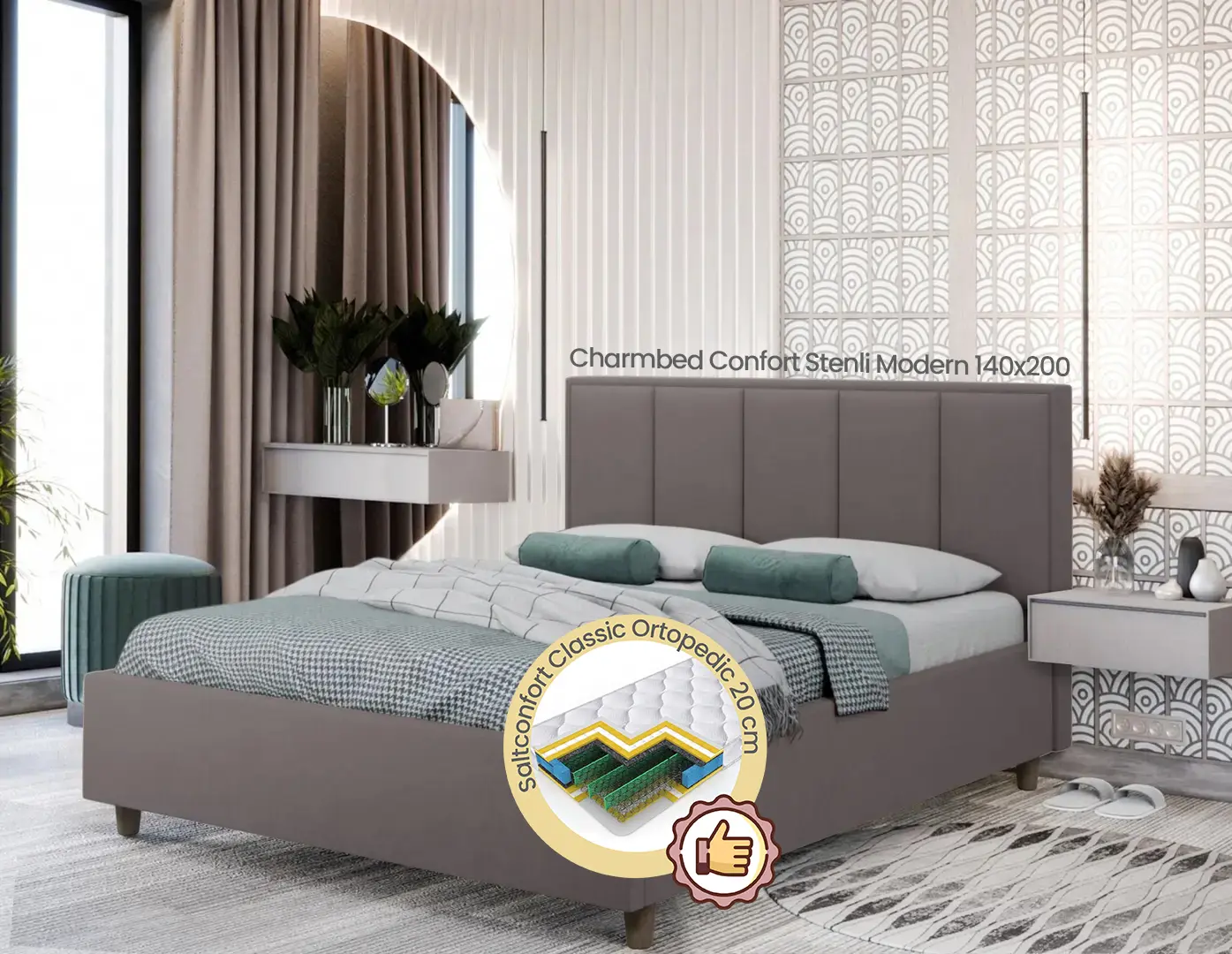 Pat cu saltea Charmbed Confort Stenli Modern Velluto 16 Grey/Walnut + Saltconfort Classic Ortopedic 140х200/20