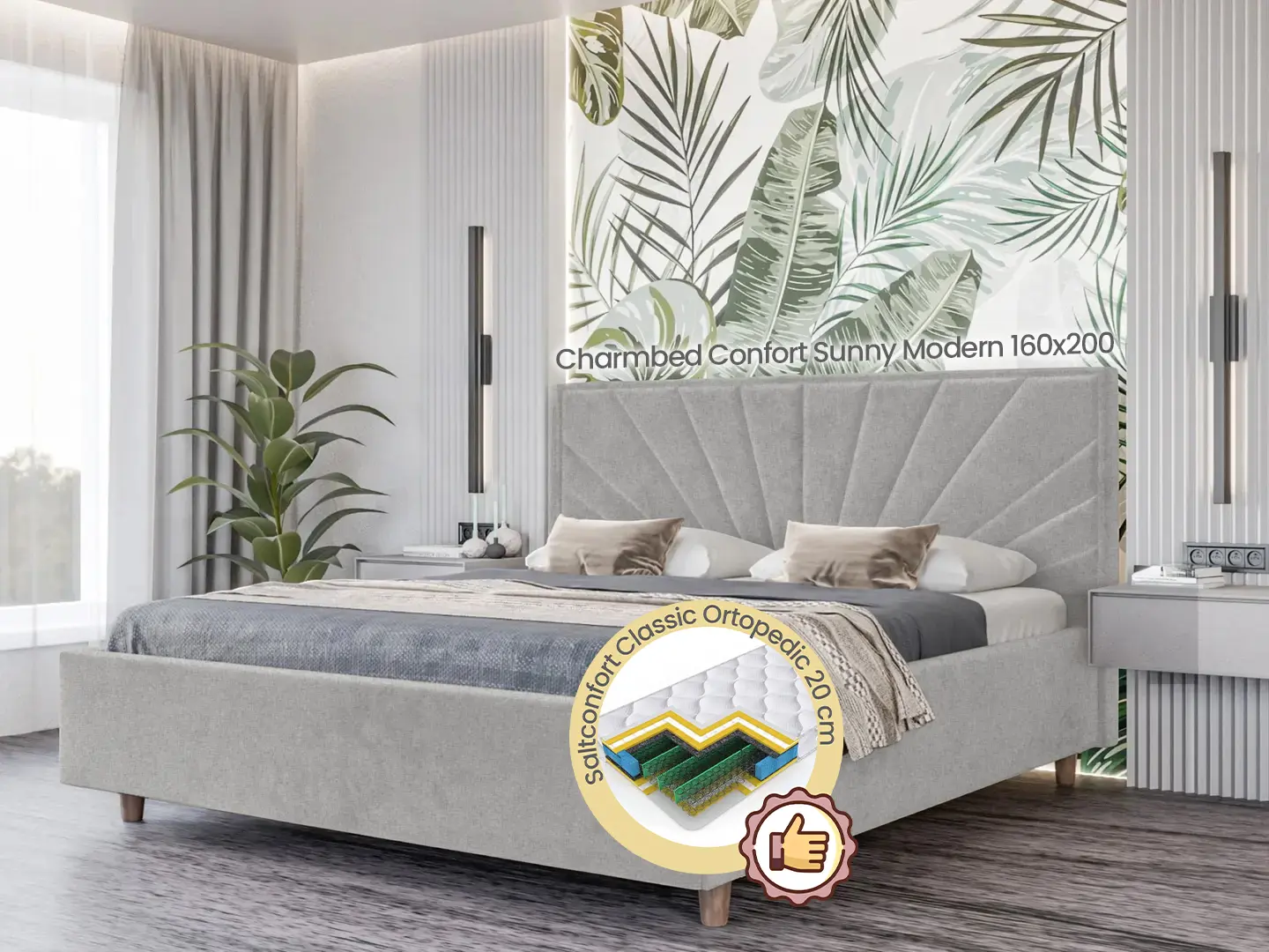 Pat cu saltea Charmbed Confort Sunny Modern Glow 15 Light Grey/Walnut + Saltconfort Classic Ortopedic 160х200/20