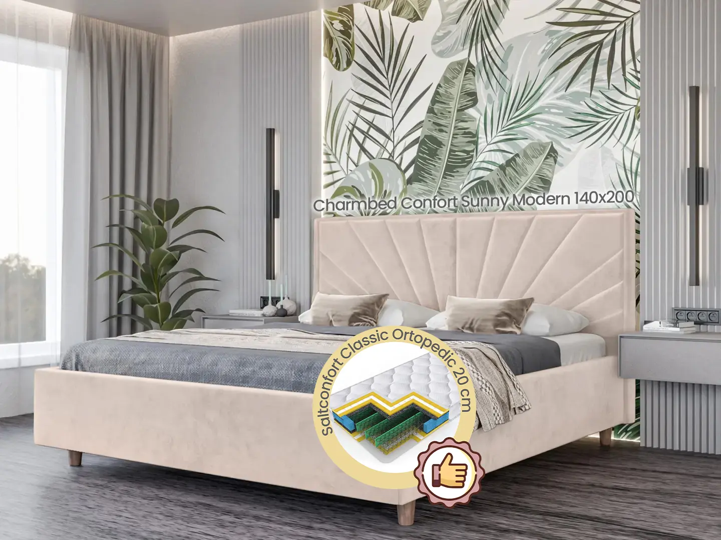 Pat cu saltea Charmbed Confort Sunny Modern Velluto 02 Beige/Walnut + Saltconfort Classic Ortopedic 140х200/20