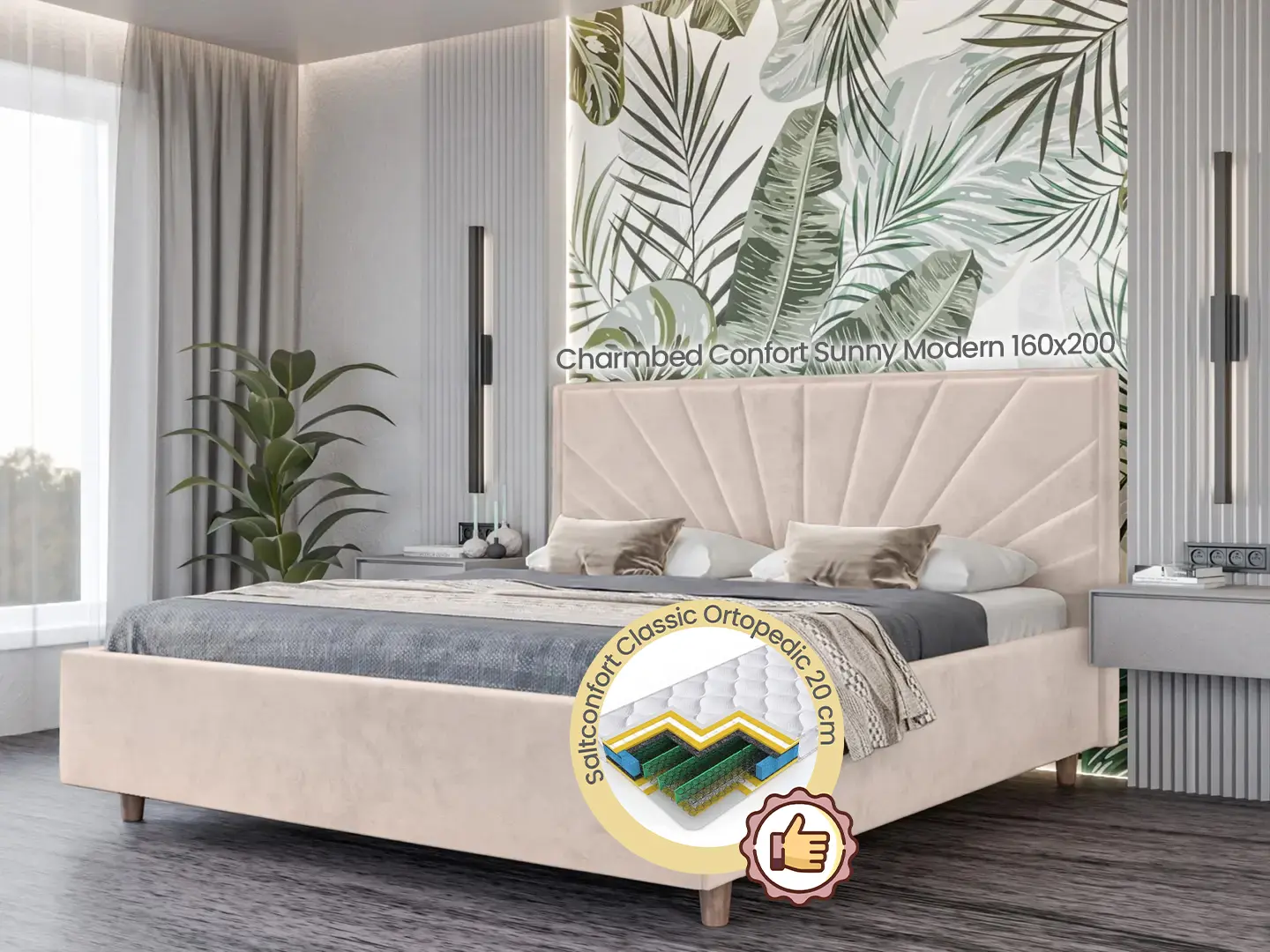 Pat cu saltea Charmbed Confort Sunny Modern Velluto 02 Beige/Walnut + Saltconfort Classic Ortopedic 160х200/20