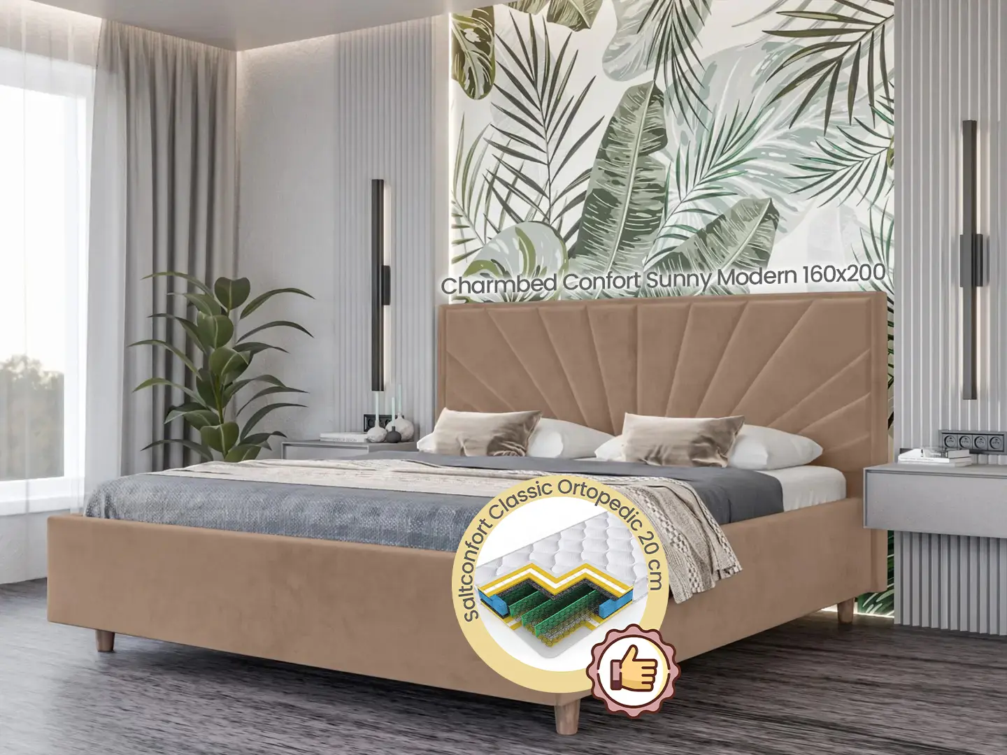 Кровать с матрасом Charmbed Confort Sunny Modern Velluto 03 Mika/Walnut + Saltconfort Classic Ortopedic 160х200/20