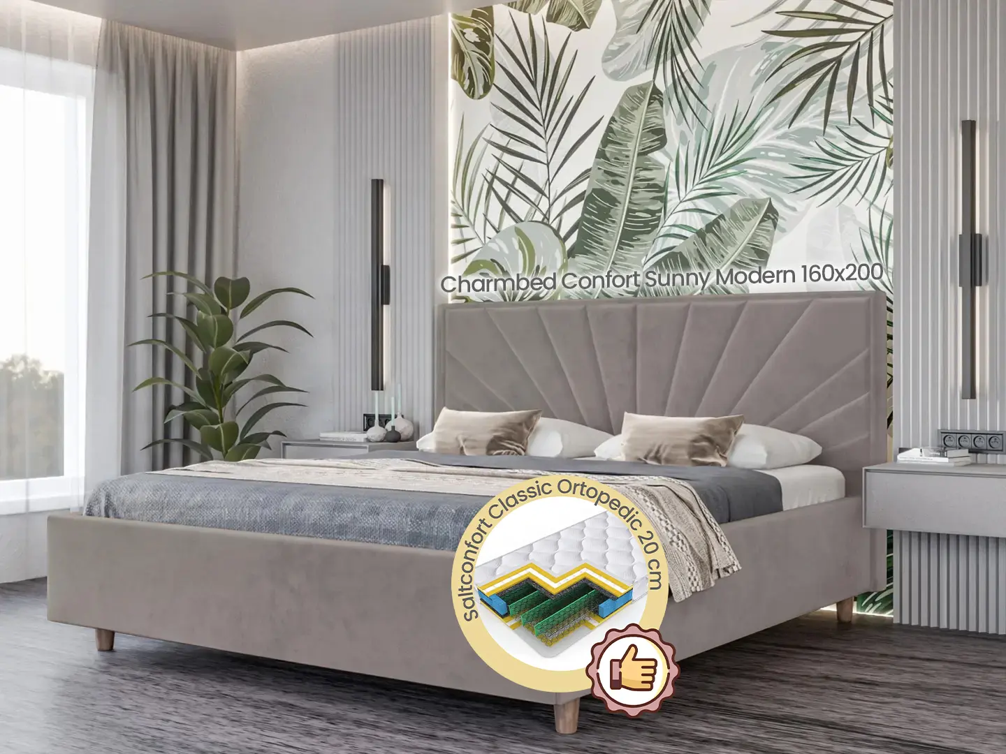 Pat cu saltea Charmbed Confort Sunny Modern Velluto 15 Silver/Walnut + Saltconfort Classic Ortopedic 160х200/20