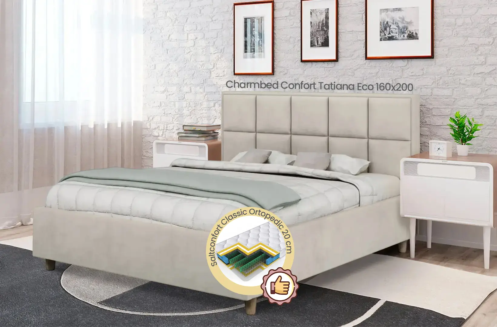 Pat cu saltea Charmbed Confort Tatiana Eco Royal 02 Beige + Saltconfort Classic Ortopedic 160х200/20