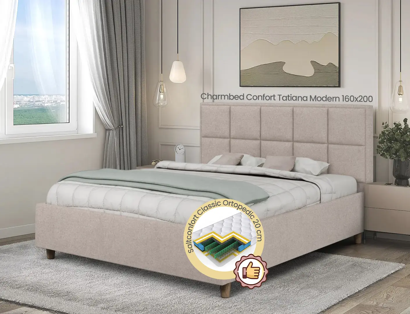 Pat cu saltea Charmbed Confort Tatiana Modern Glow 03 Fossil/Walnut + Saltconfort Classic Ortopedic 160х200/20