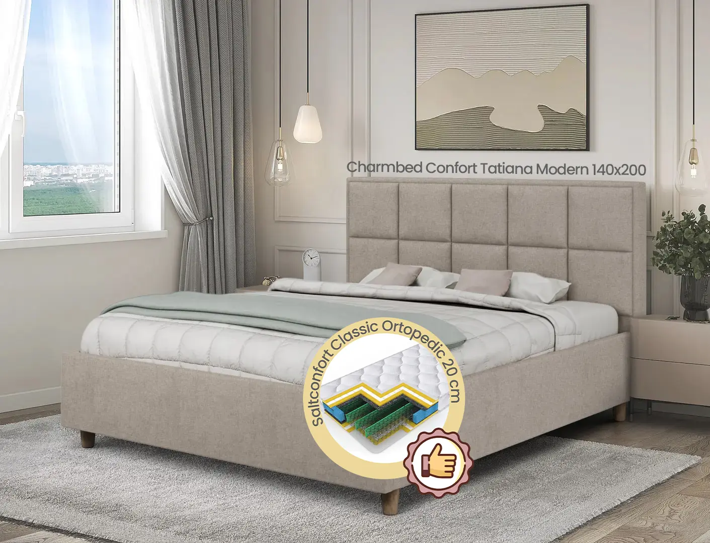 Pat cu saltea Charmbed Confort Tatiana Modern Glow 04 Stone/Walnut + Saltconfort Classic Ortopedic 140х200/20