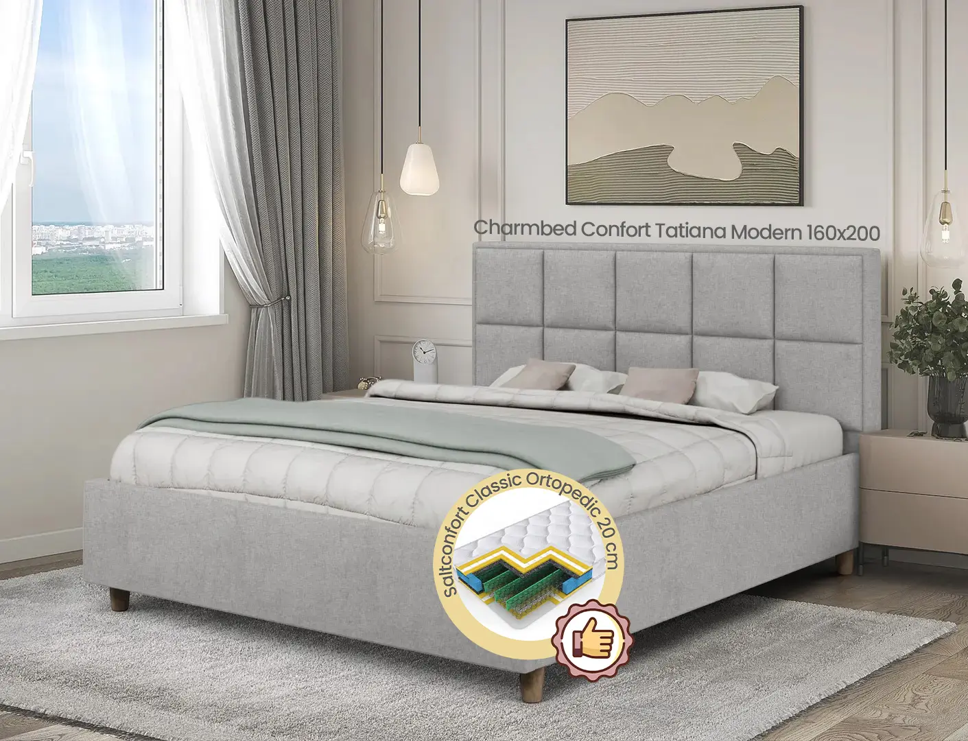 Pat cu saltea Charmbed Confort Tatiana Modern Glow 15 Light Grey/Walnut + Saltconfort Classic Ortopedic 160х200/20