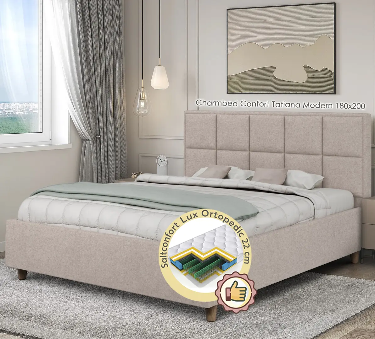 Pat cu saltea Charmbed Confort Tatiana Modern + Lux Ortopedic 180х200 (Fossil)