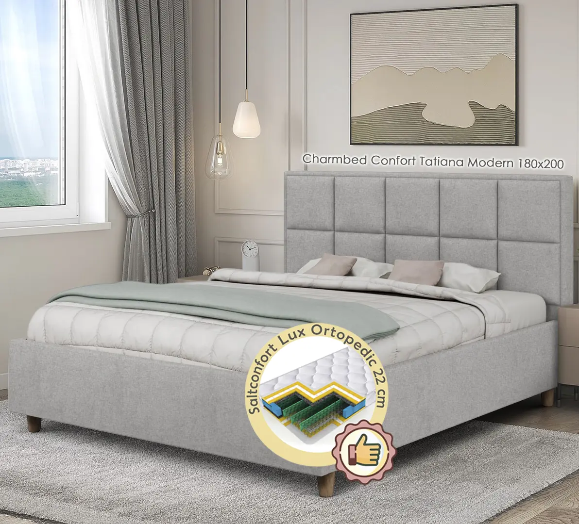 Pat cu saltea Charmbed Confort Tatiana Modern + Lux Ortopedic 180х200 (Light Grey)