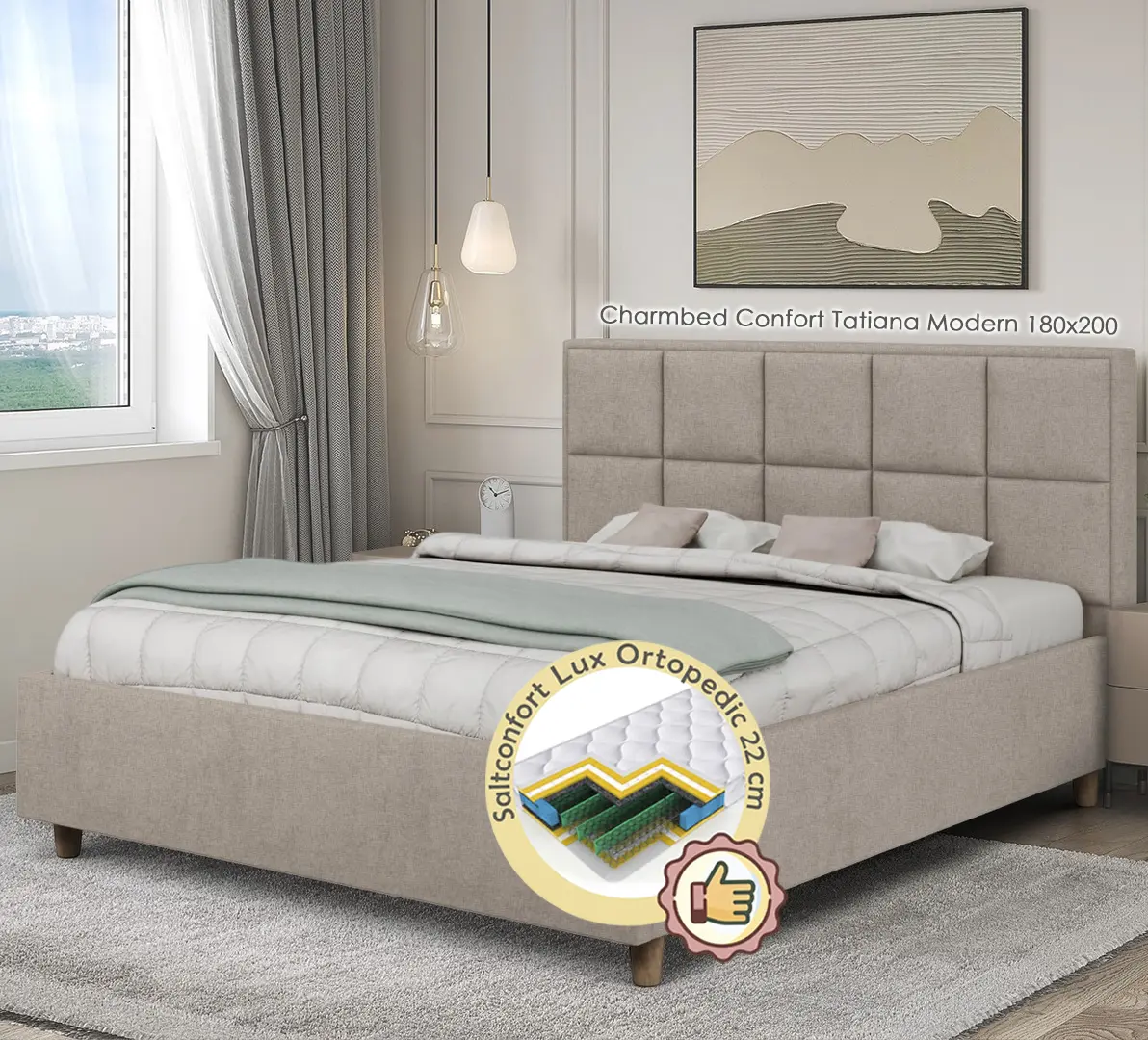 Pat cu saltea Charmbed Confort Tatiana Modern + Lux Ortopedic 180х200 (Stone)