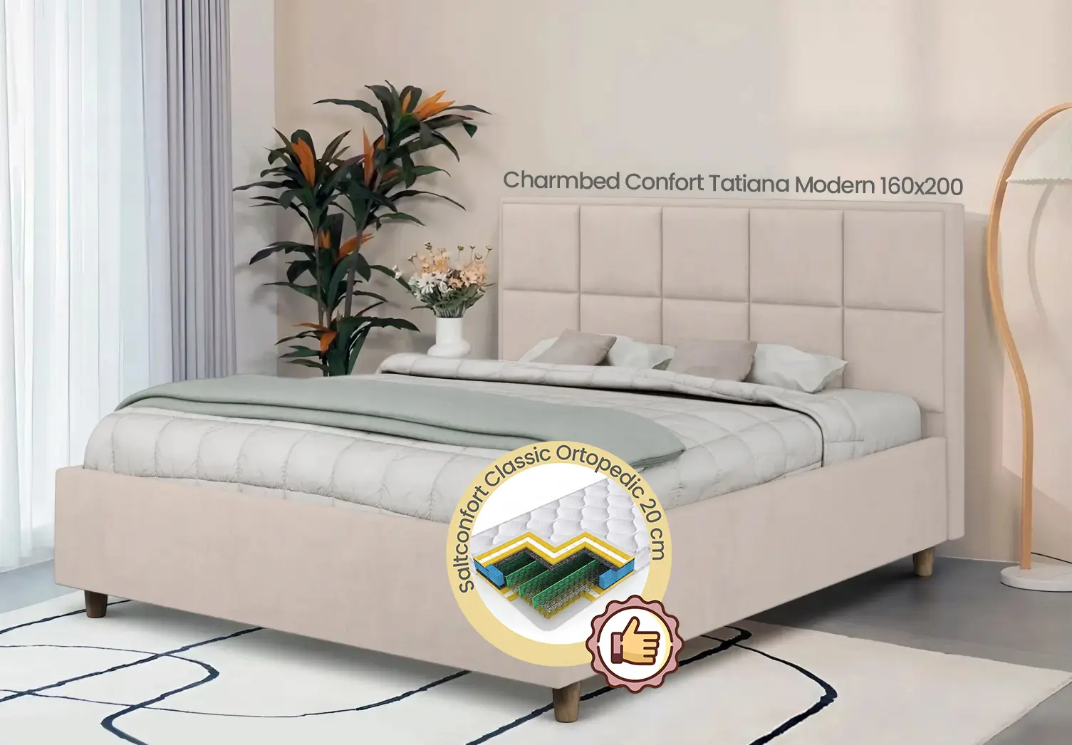 Pat cu saltea Charmbed Confort Tatiana Modern Velluto 02 Beige/Walnut + Saltconfort Classic Ortopedic 160х200/20