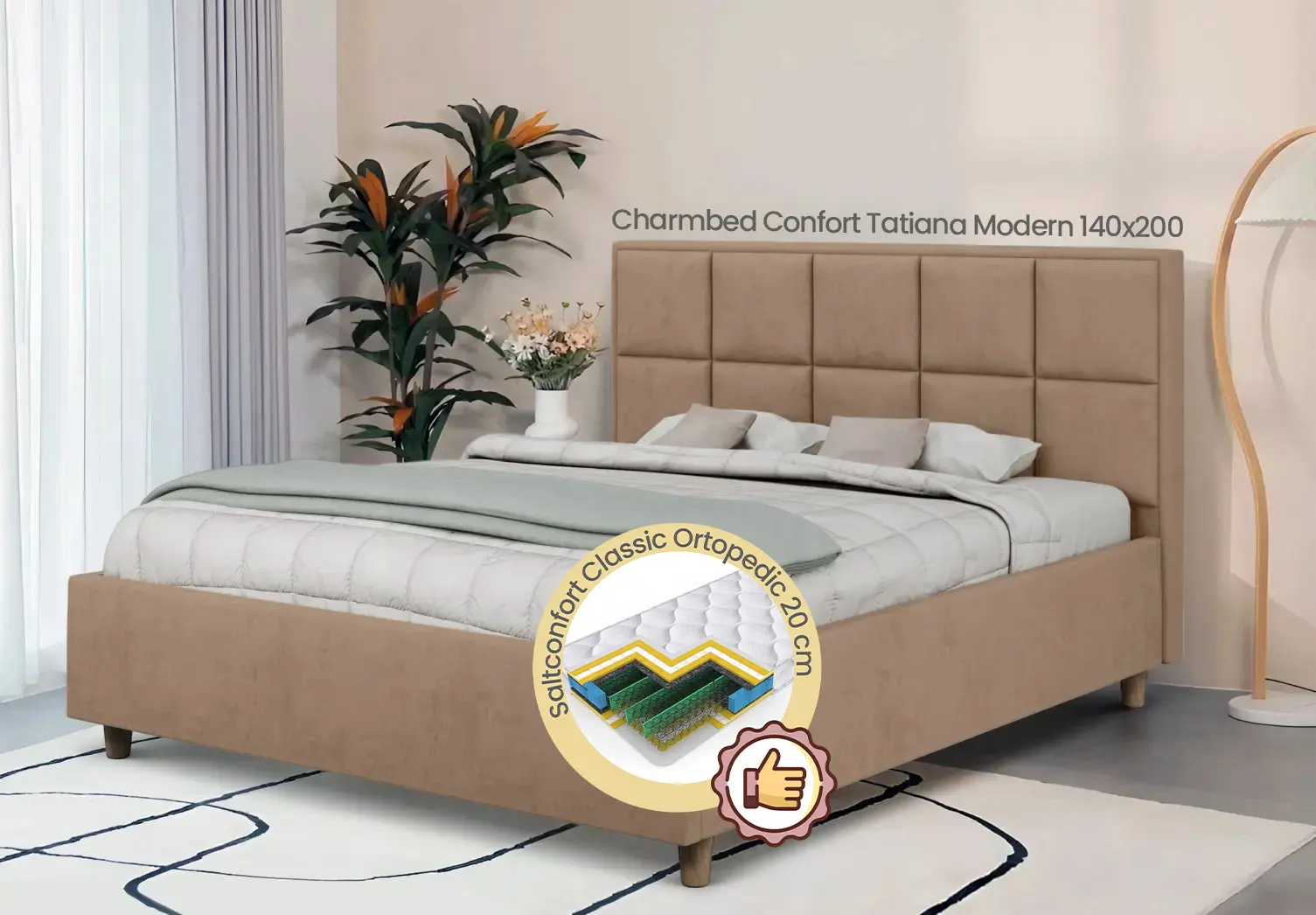 Pat cu saltea Charmbed Confort Tatiana Modern Velluto 03 Mika/Walnut + Saltconfort Classic Ortopedic 140х200/20