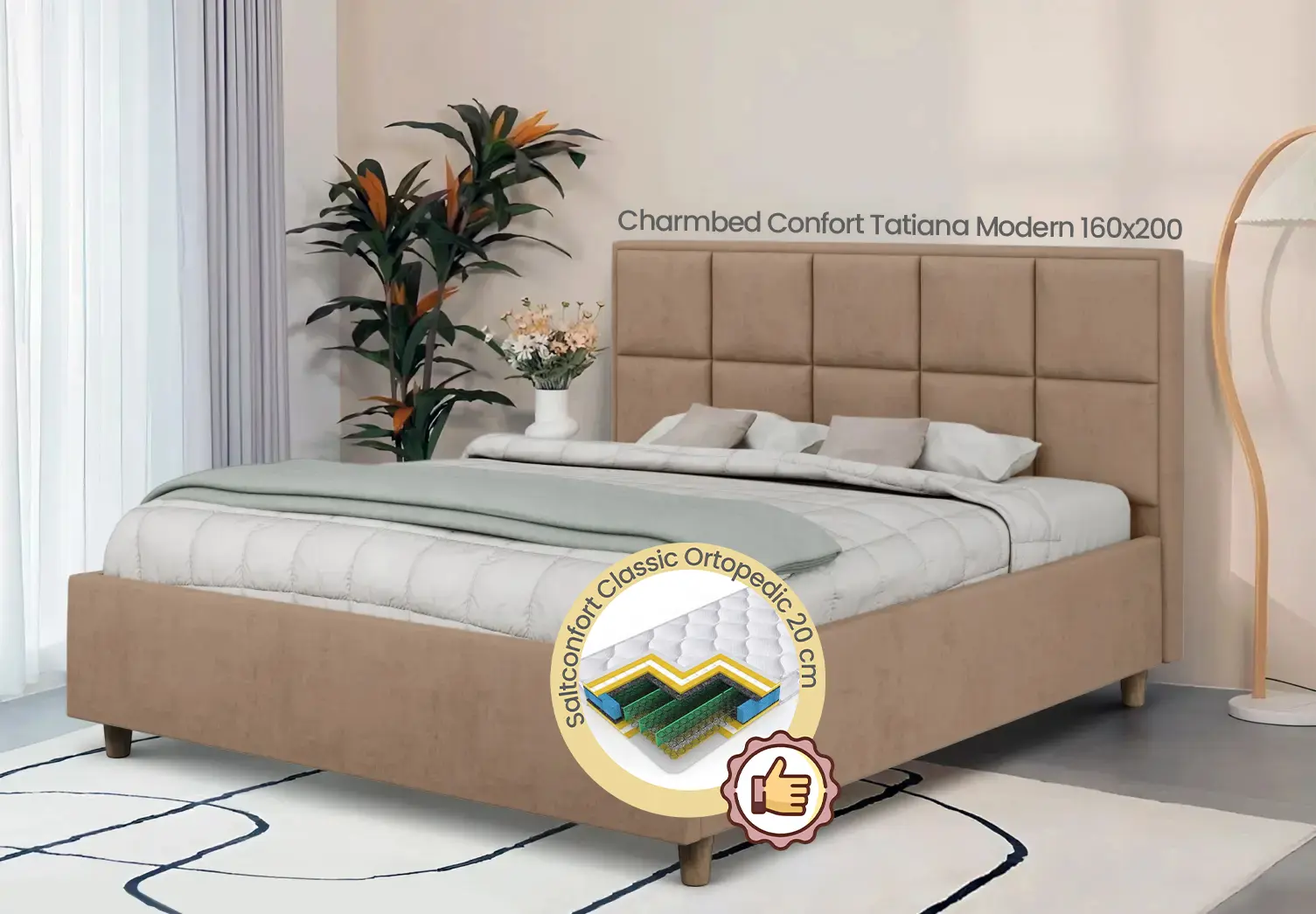 Pat cu saltea Charmbed Confort Tatiana Modern Velluto 03 Mika/Walnut + Saltconfort Classic Ortopedic 160х200/20