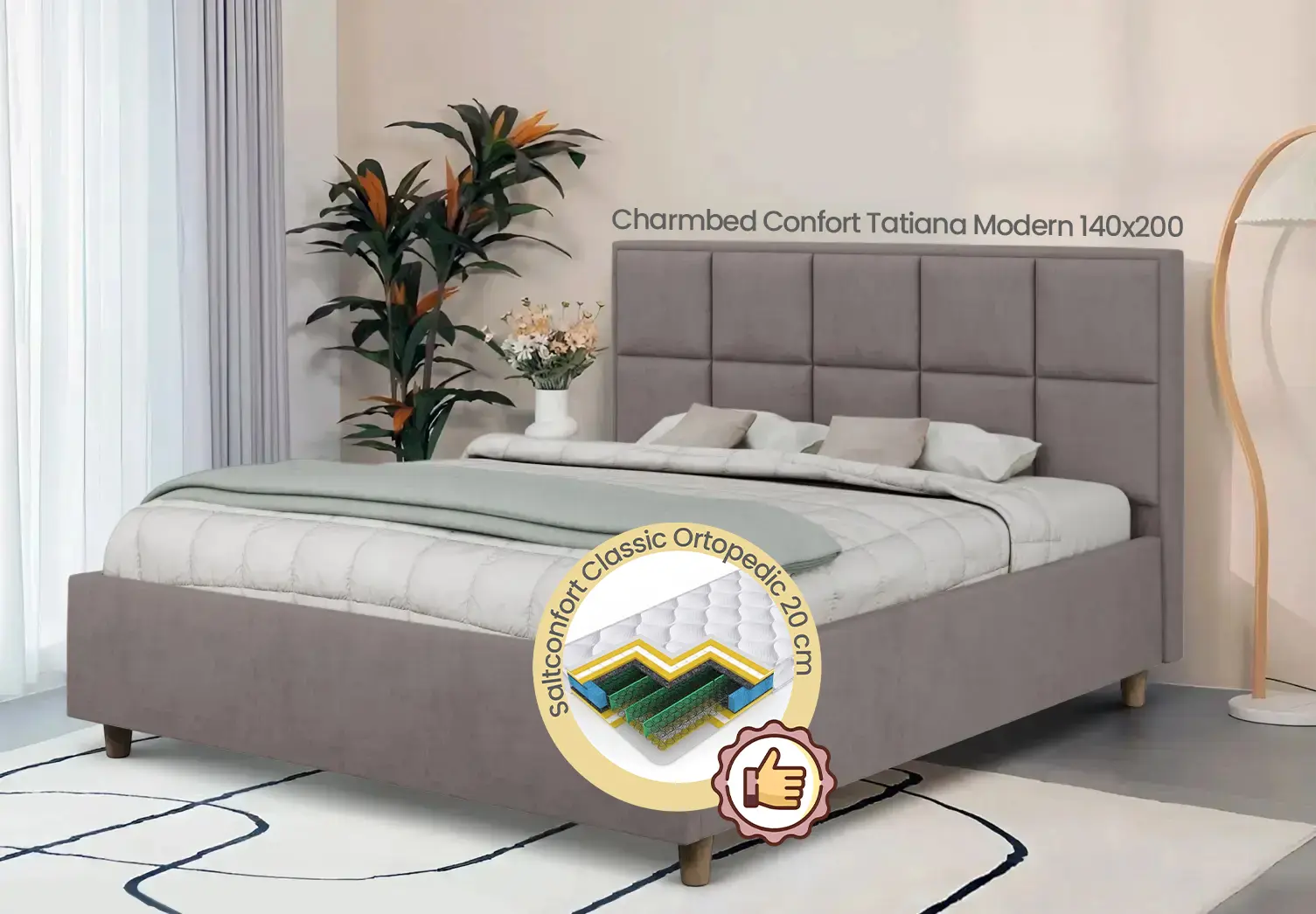 Pat cu saltea Charmbed Confort Tatiana Modern Velluto 15 Silver/Walnut + Saltconfort Classic Ortopedic 140х200/20