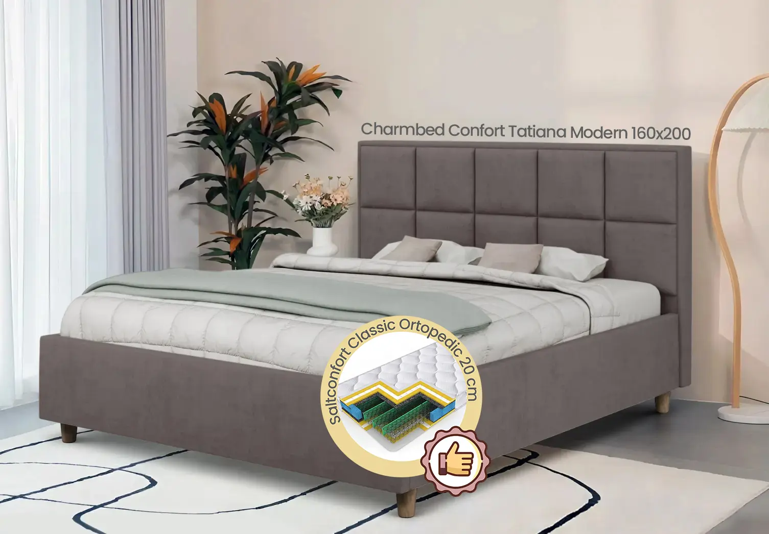 Pat cu saltea Charmbed Confort Tatiana Modern Velluto 16 Grey/Walnut + Saltconfort Classic Ortopedic 160х200/20