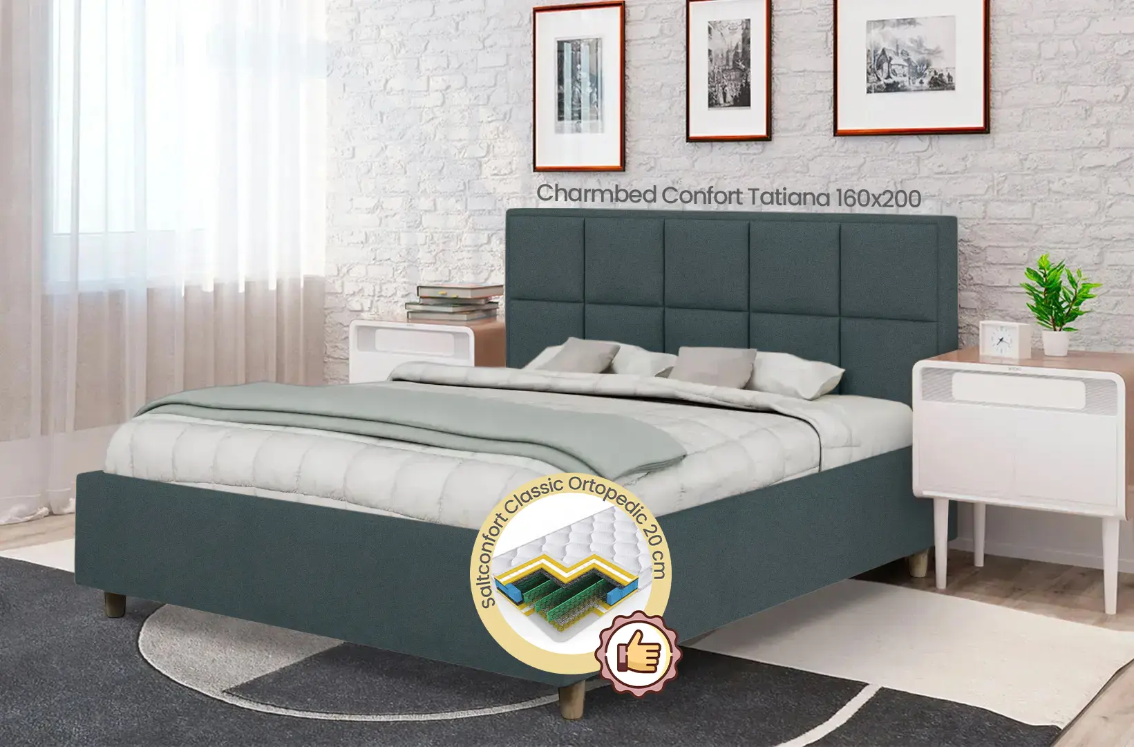 Pat cu saltea Charmbed Confort Tatiana Vega 35 Graphite + Saltconfort Classic Ortopedic 160х200/20