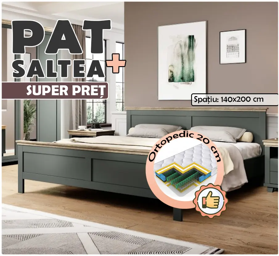 Pat cu saltea Helvetia Evora S 24ZRJU30 Green/Lefkas Oak + Saltconfort Classic Ortopedic 140х200/20