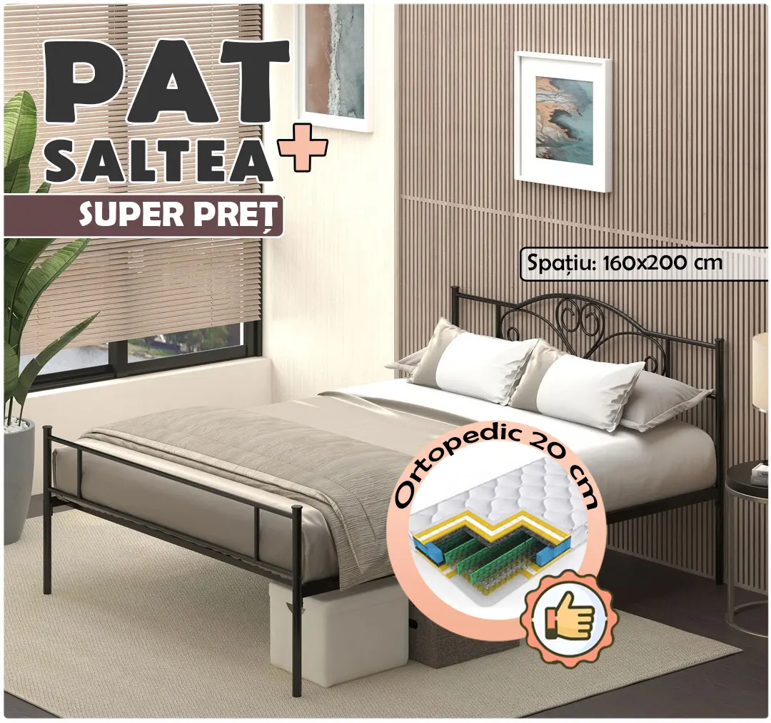 Pat cu saltea Homcom 831-417V01 Black + Saltconfort Classic Ortopedic 160х200/20