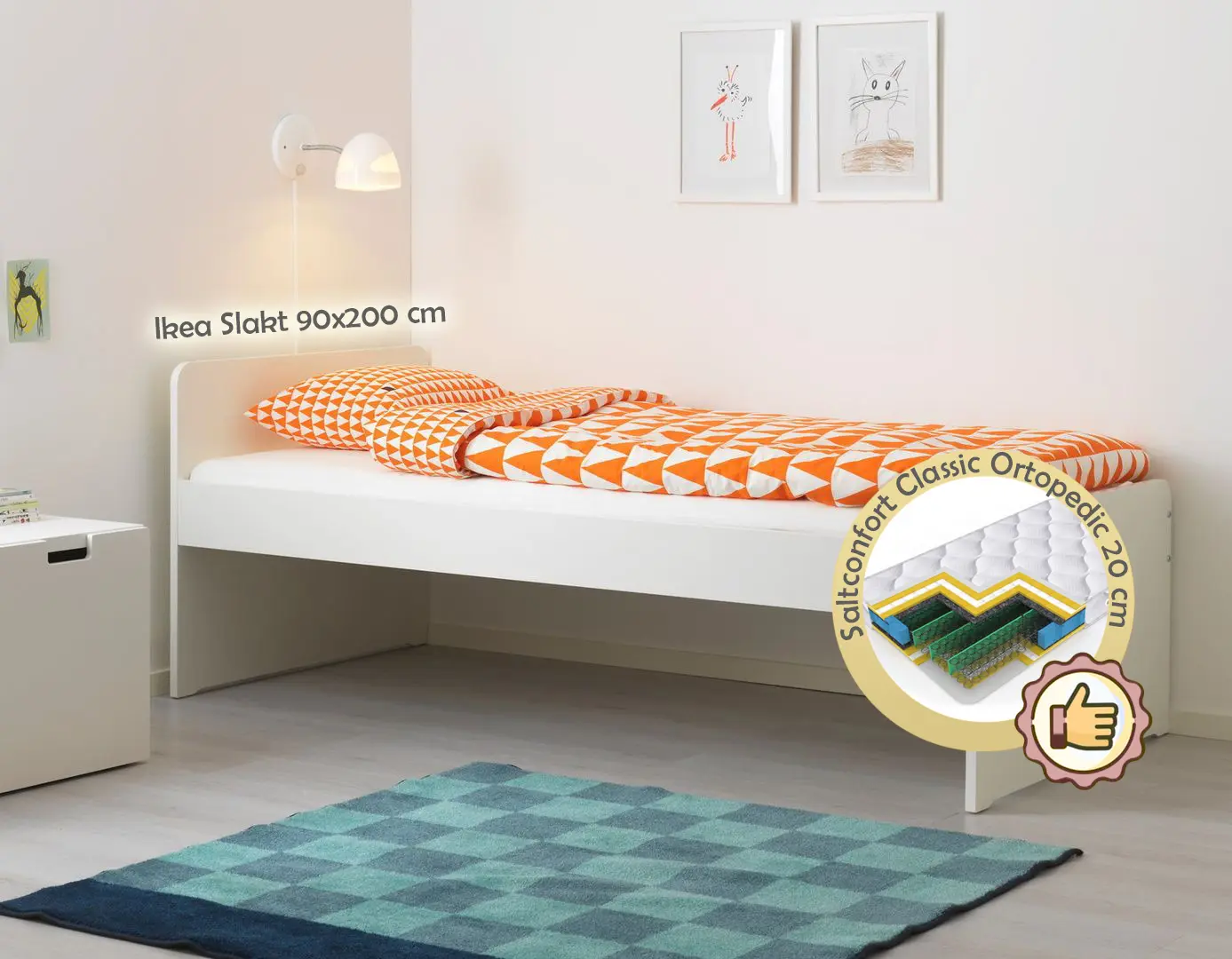 Кровать с матрасом Ikea Slakt с реечным дном White + Saltconfort Classic Ortopedic 90х200/20