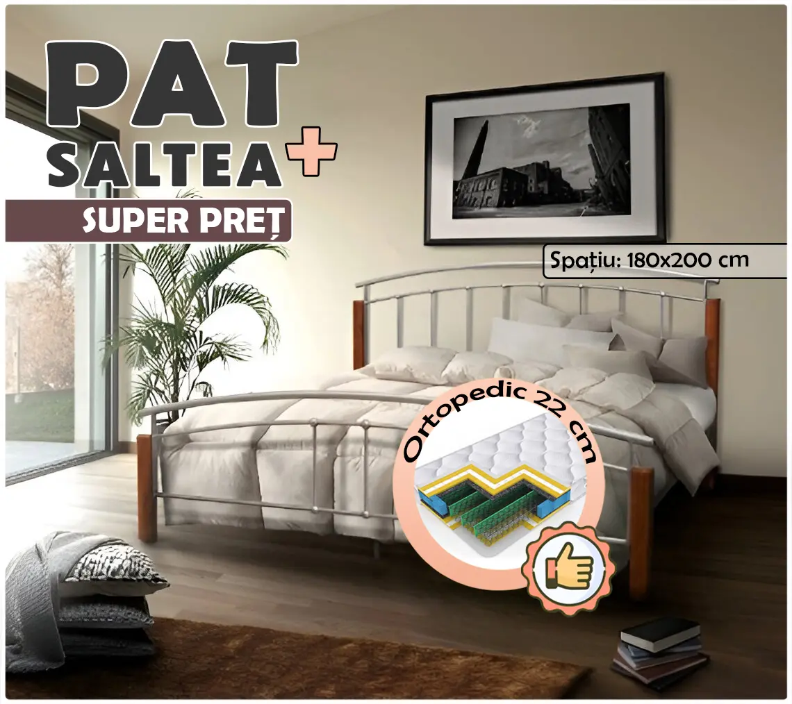 Pat cu saltea Mobhaus Mirela Alder/Silver + Saltconfort Lux Ortopedic 180х200/22