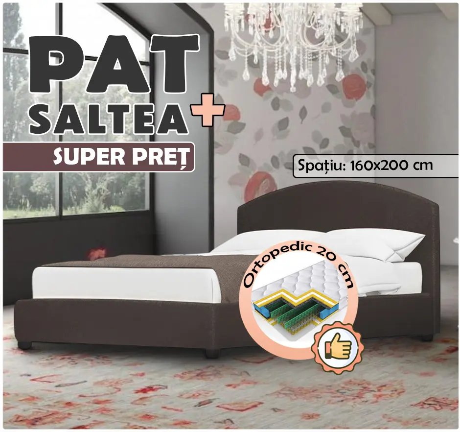 Pat cu saltea Modern Milena Arteks mecanism de ridicare Great Chocolate + Saltconfort Classic Ortopedic 160х200/20