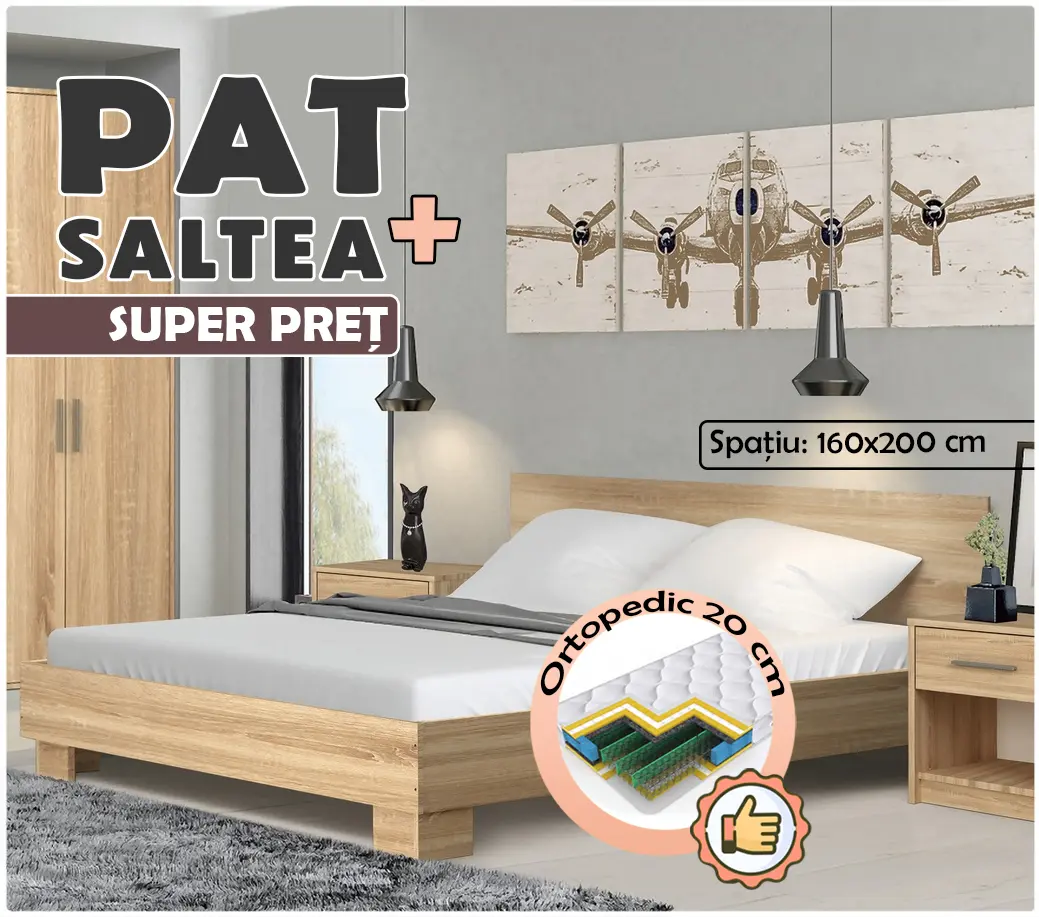 Pat cu saltea Modern Tennessee baza lamele Sonoma Oak + Saltconfort Classic Ortopedic 160х200/20