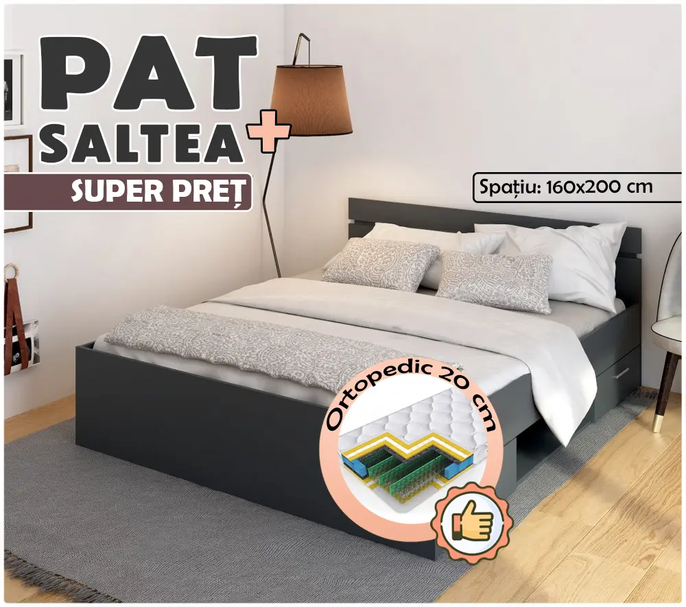 Pat cu saltea Tempo Kondela Michigan Graphite + Saltconfort Classic Ortopedic 160х200/20