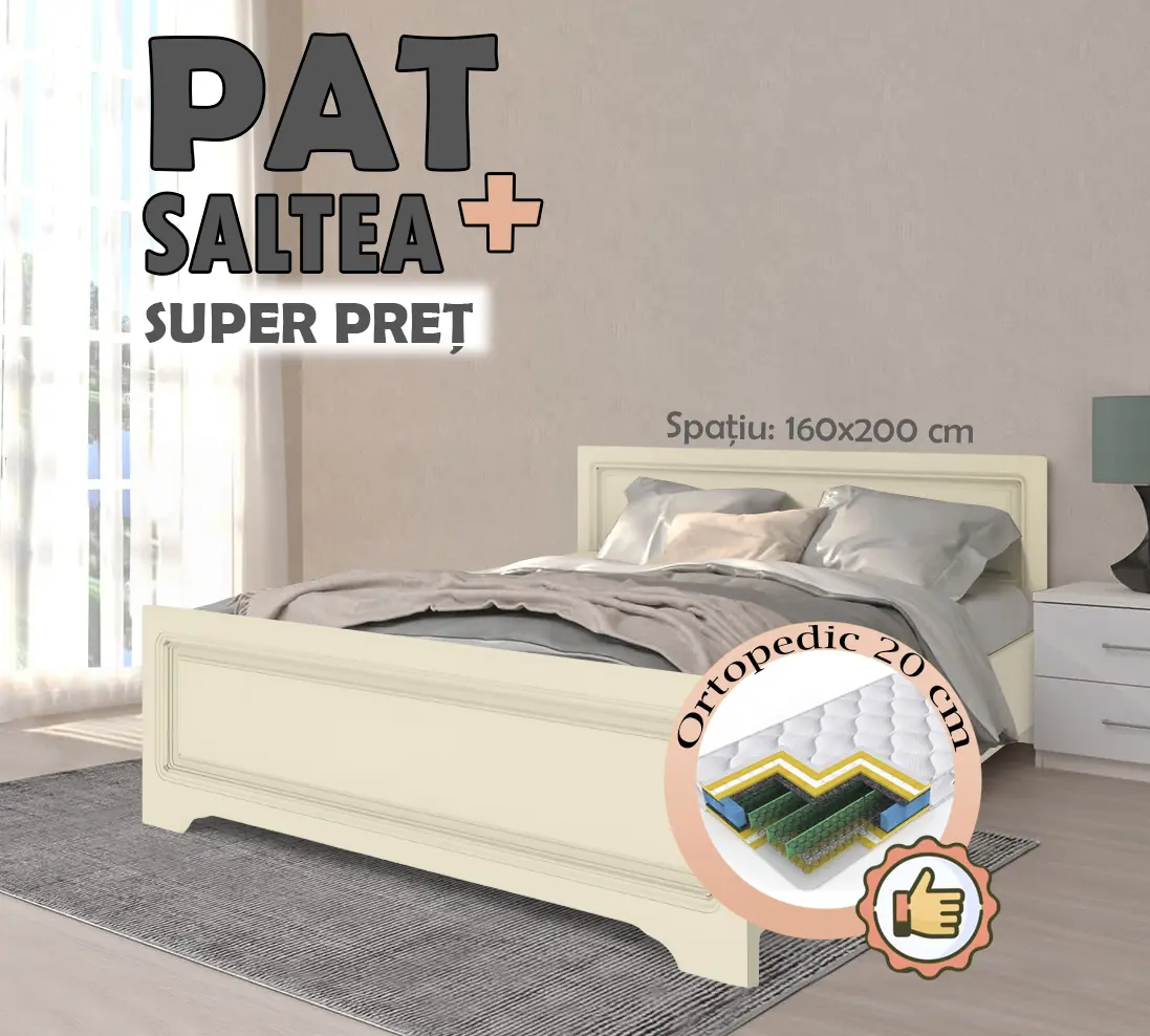 Pat cu saltea Yasen Boston baza lamele Ivory/Vanilla Supermat + Saltconfort Classic Ortopedic 160х200/20