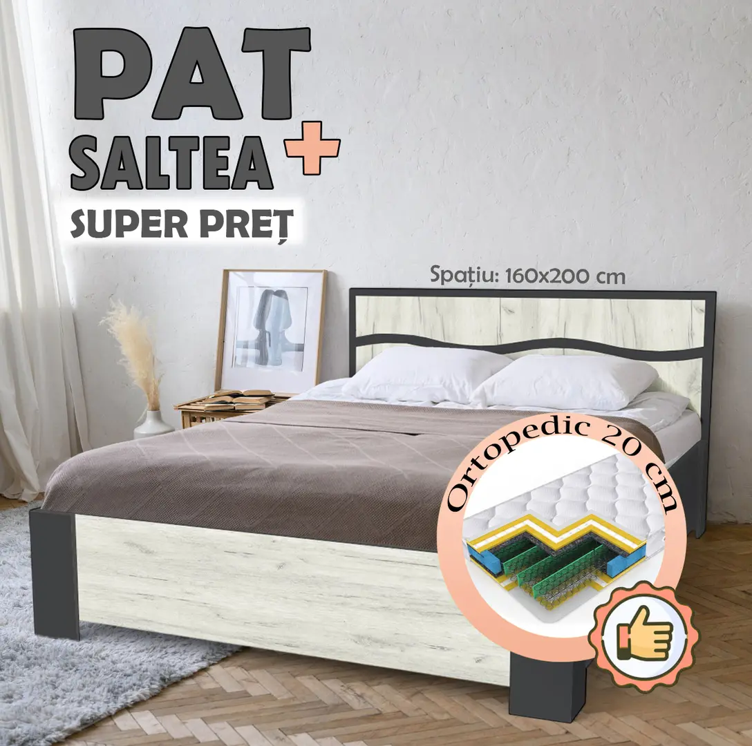 Pat cu saltea Yasen Jeneva baza lamele Graphite Grey/Craft Oak White + Saltconfort Classic Ortopedic 160х200/20