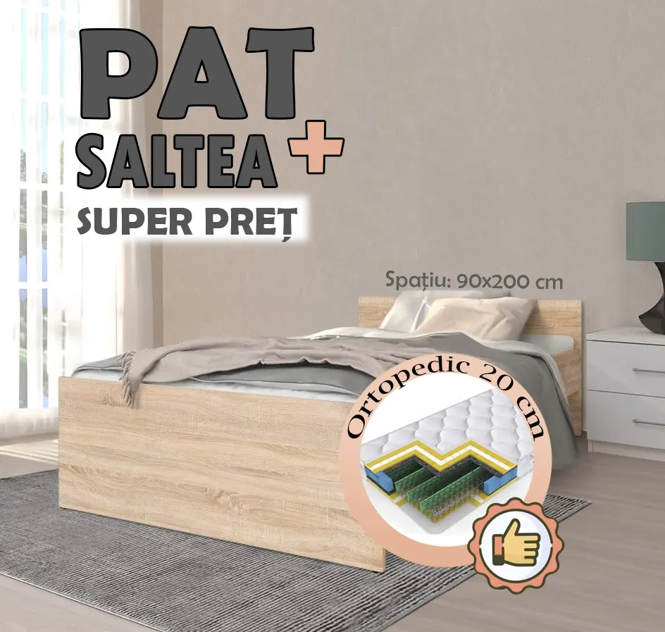 Pat cu saltea Yasen Nepo LOZ/90 Sonoma Oak + Saltconfort Classic Ortopedic 90х200/20
