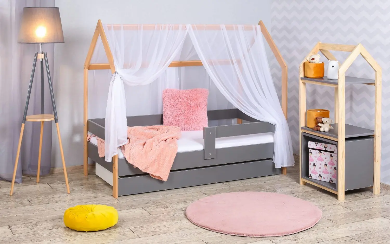 Кровать BellaLuni Domek 80x160 с ящиком/матрасом (Beech/Graphite) - 4