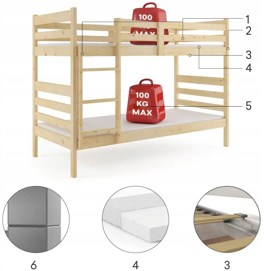 Двухъярусная кровать BMS Group Eryk матрас 90x190 (Natural)