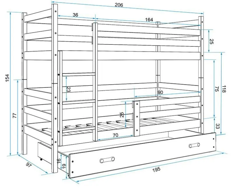 Pat suprapus BMS Group Eryk cu sertar 90x200 (Graphite)