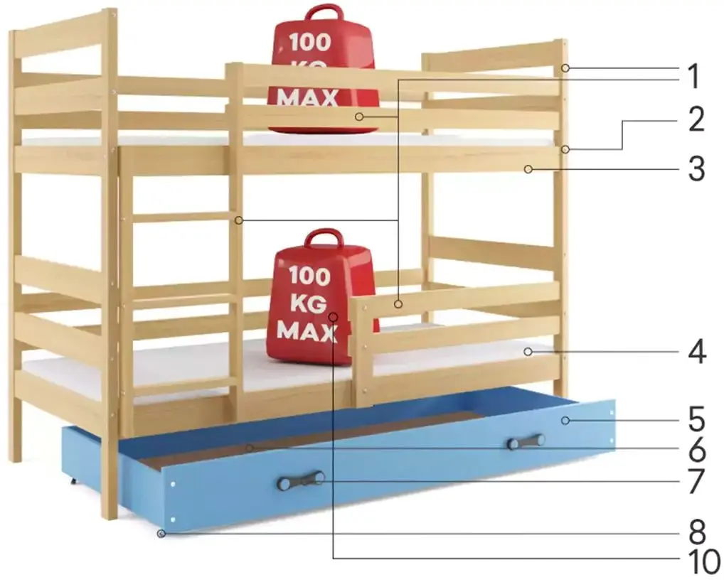 Двухъярусная кровать BMS Group Eryk ящик/матрас 90x200 (Pine/Blue) - 2