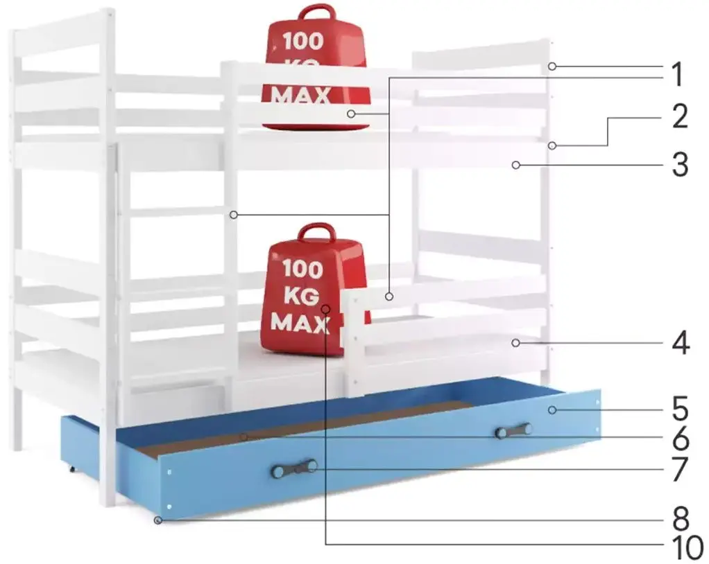 Двухъярусная кровать BMS Group Eryk ящик/матрас 90x200 (White/Blue) - 2