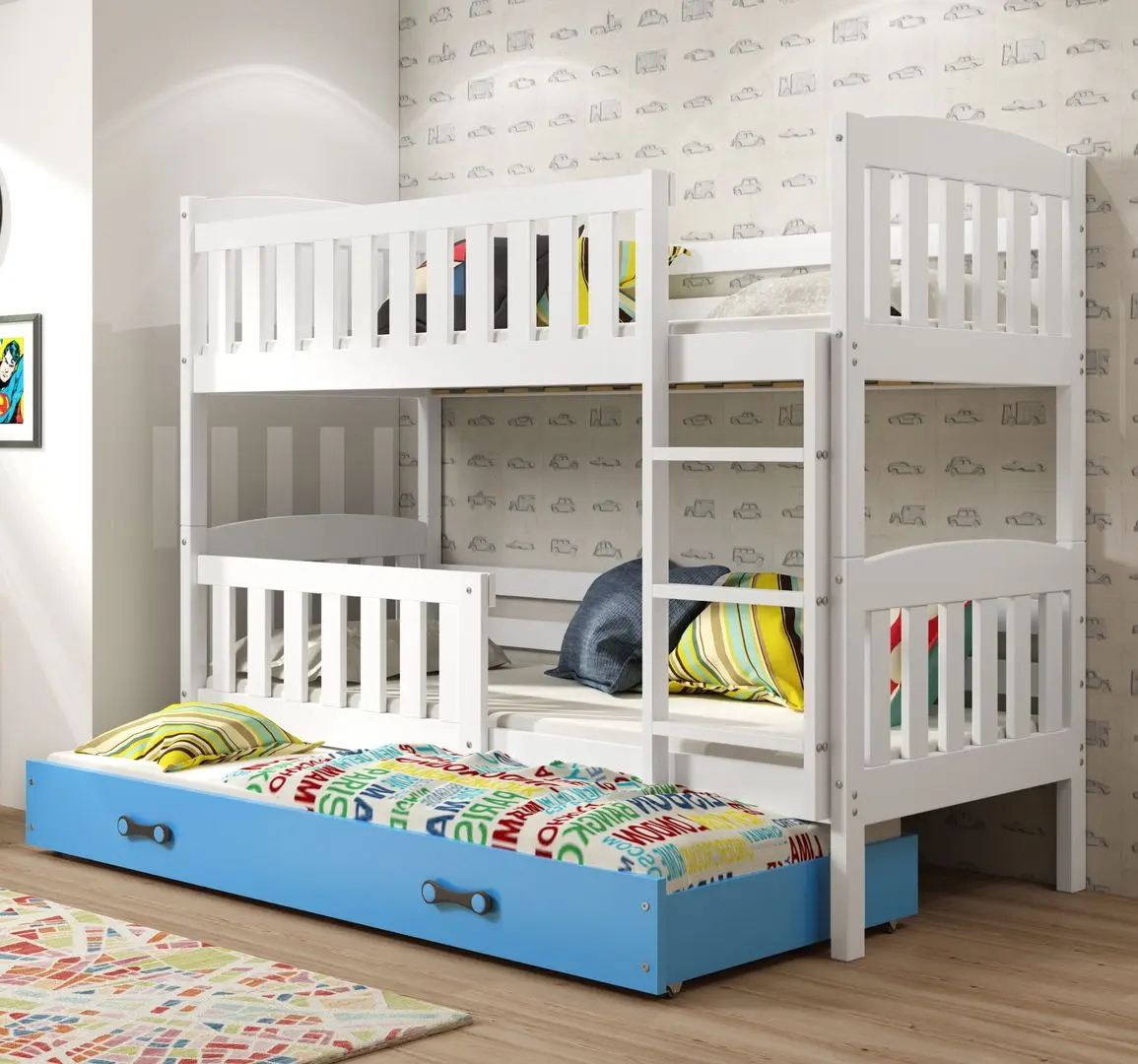 Pat suprapus BMS Group Kubus 3 pat retractabil/saltea 90x200 (White/Blue)