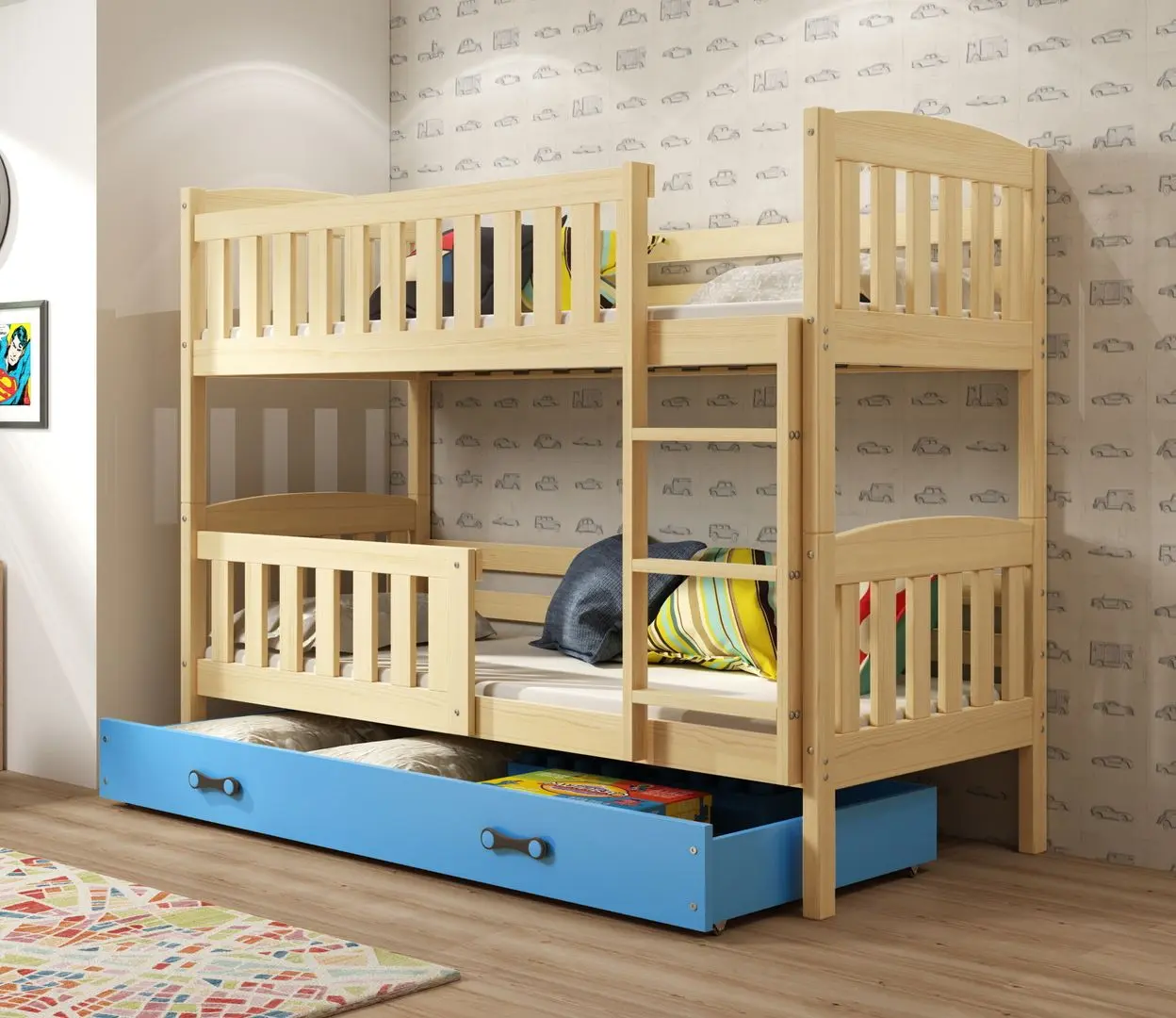 Pat suprapus BMS Group Kubus sertar/saltea 90x200 (Pine/Blue)