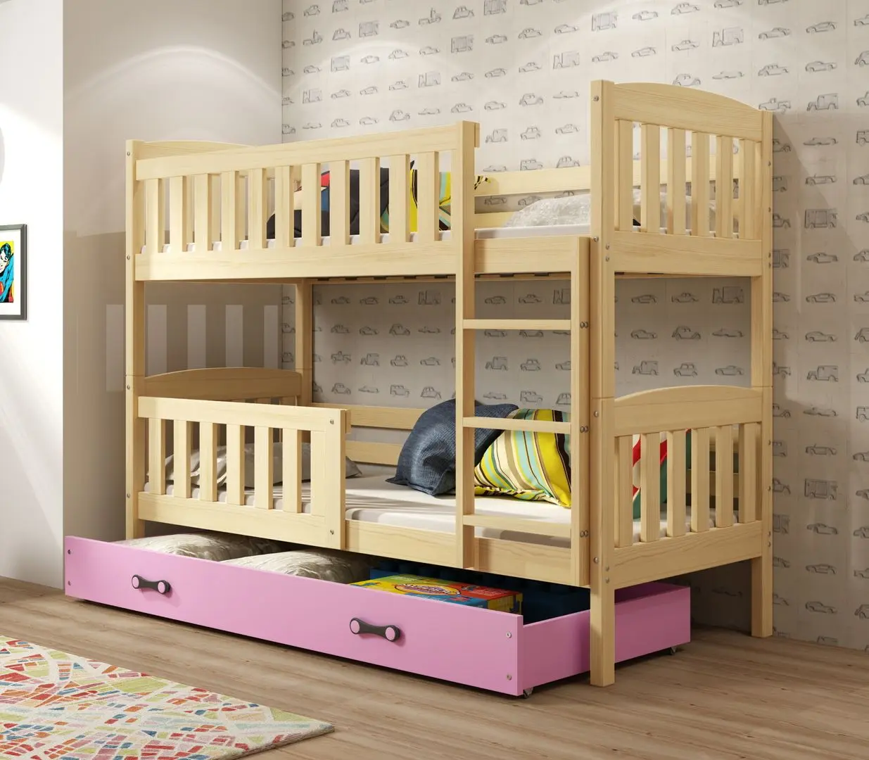 Pat suprapus BMS Group Kubus sertar/saltea 90x200 (Pine/Pink)