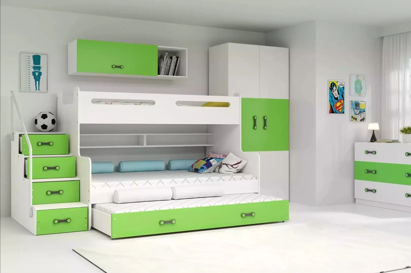 Pat suprapus BMS Group Max 3 cu pat retractabil 120x200 (Green/White)