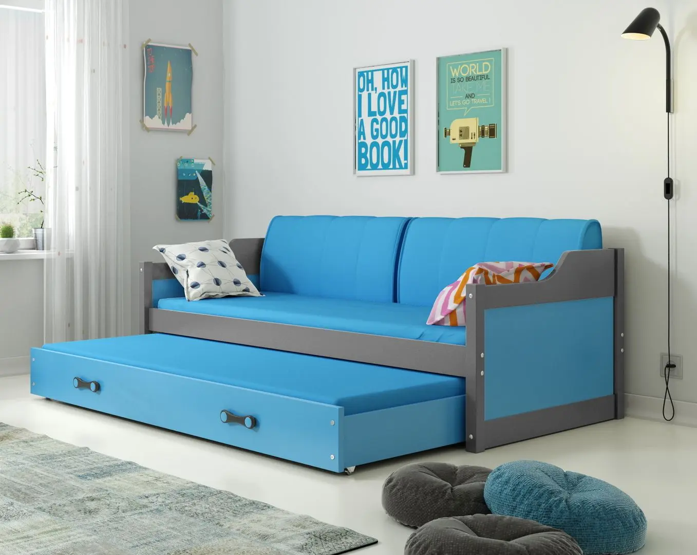 Pat BMS Group Dawid cu pat retractabil 90x200 (Graphite/Blue)