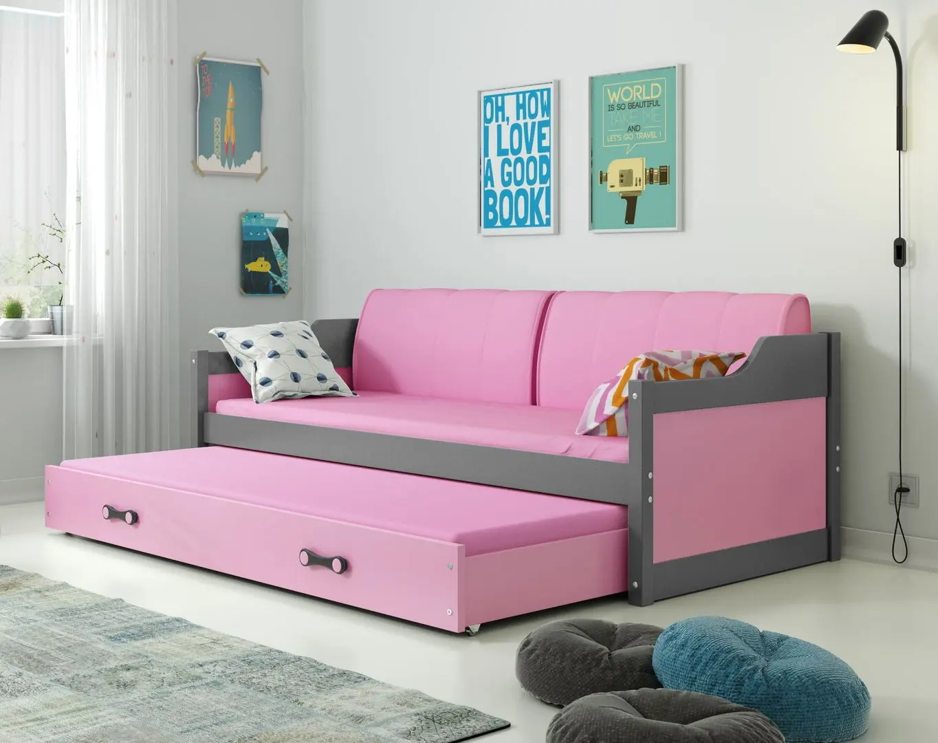 Pat BMS Group Dawid cu pat retractabil 90x200 (Graphite/Pink)