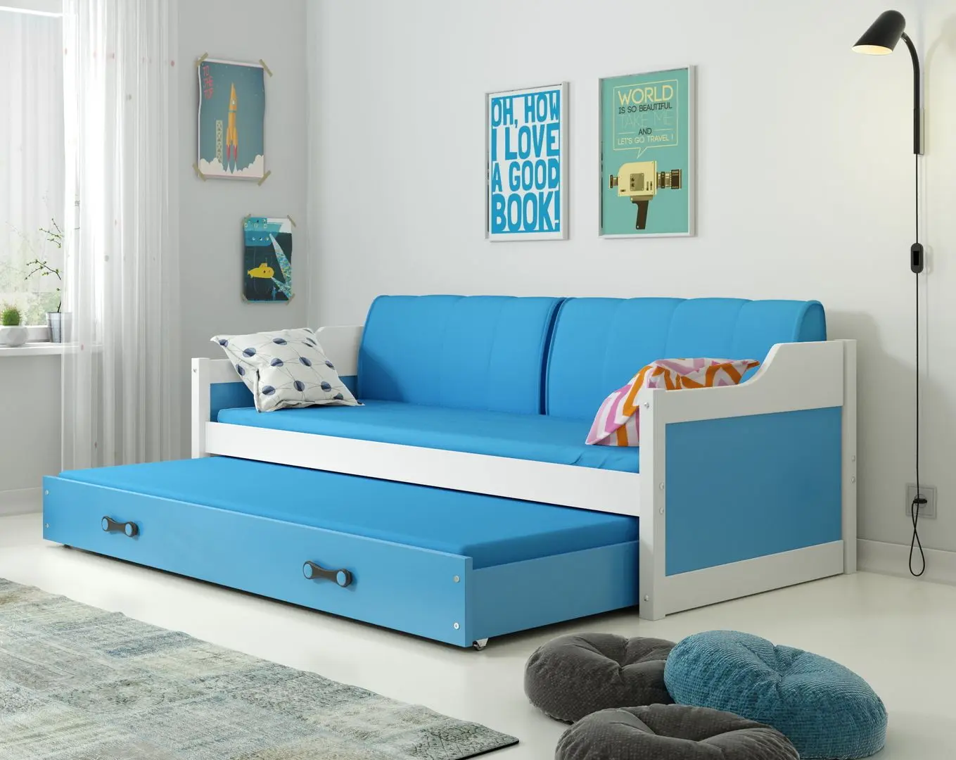 Pat BMS Group Dawid cu pat retractabil 90x200 (White/Blue)