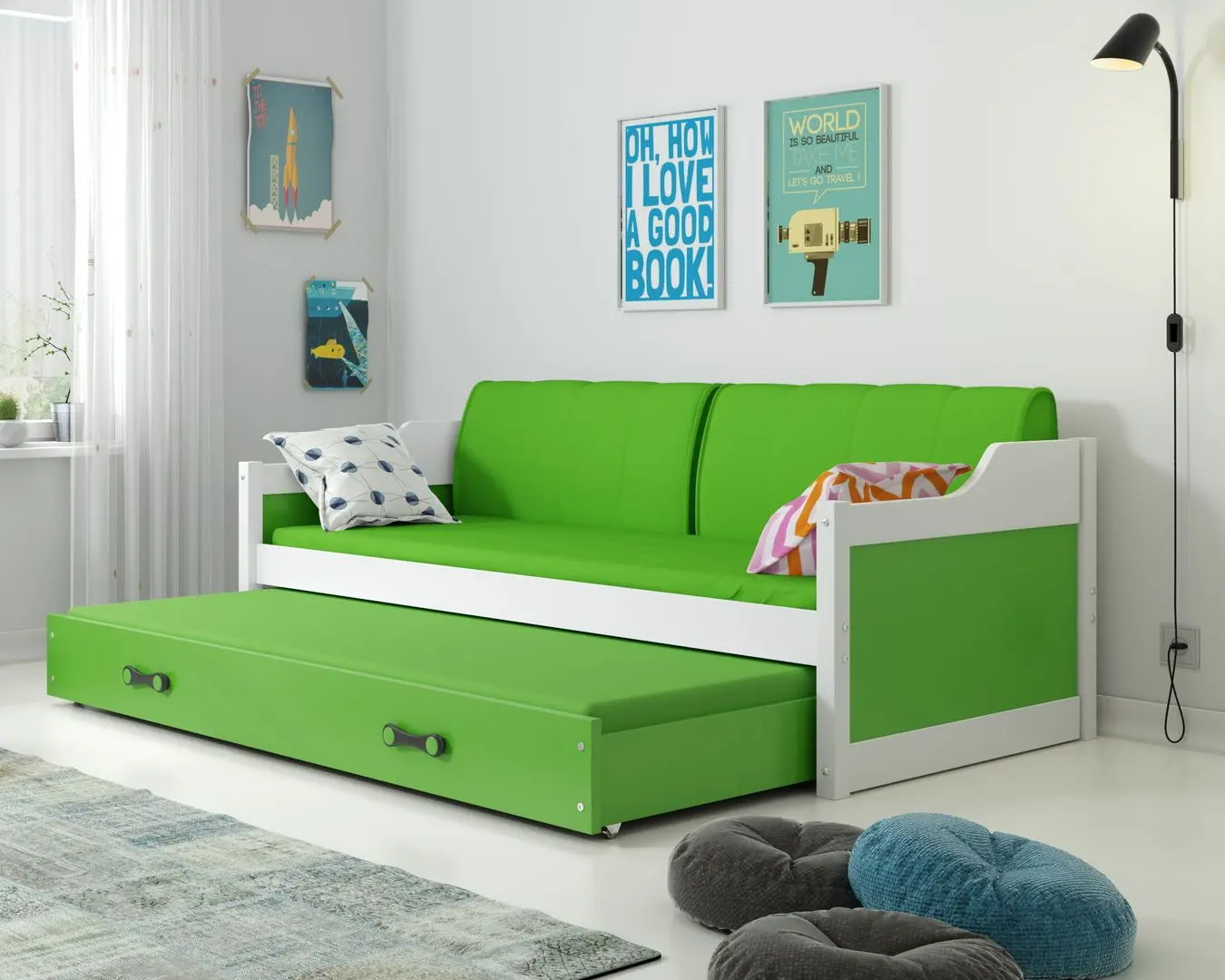 Pat BMS Group Dawid cu pat retractabil 90x200 (White/Green)