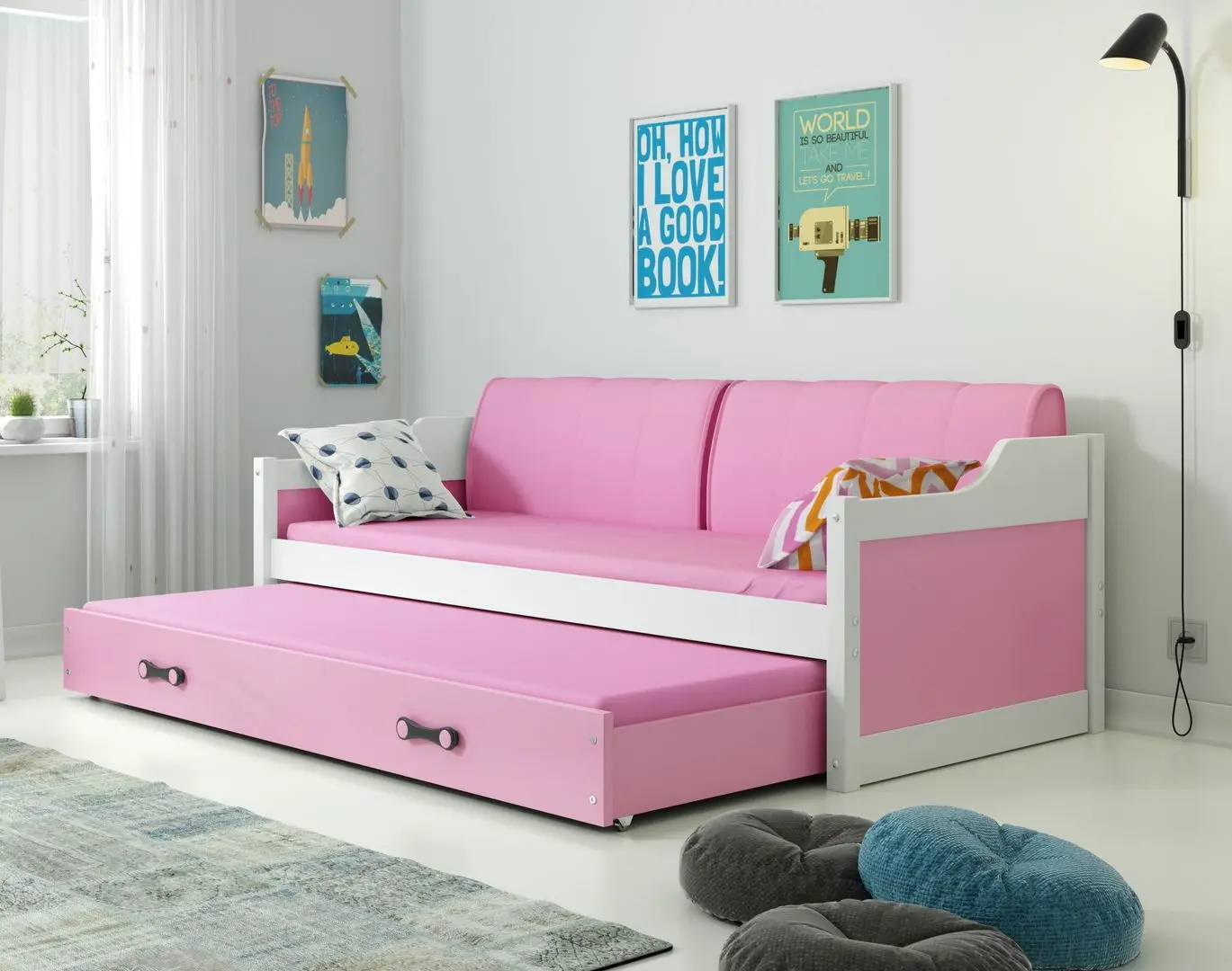 Pat BMS Group Dawid cu pat retractabil 90x200 (White/Pink)