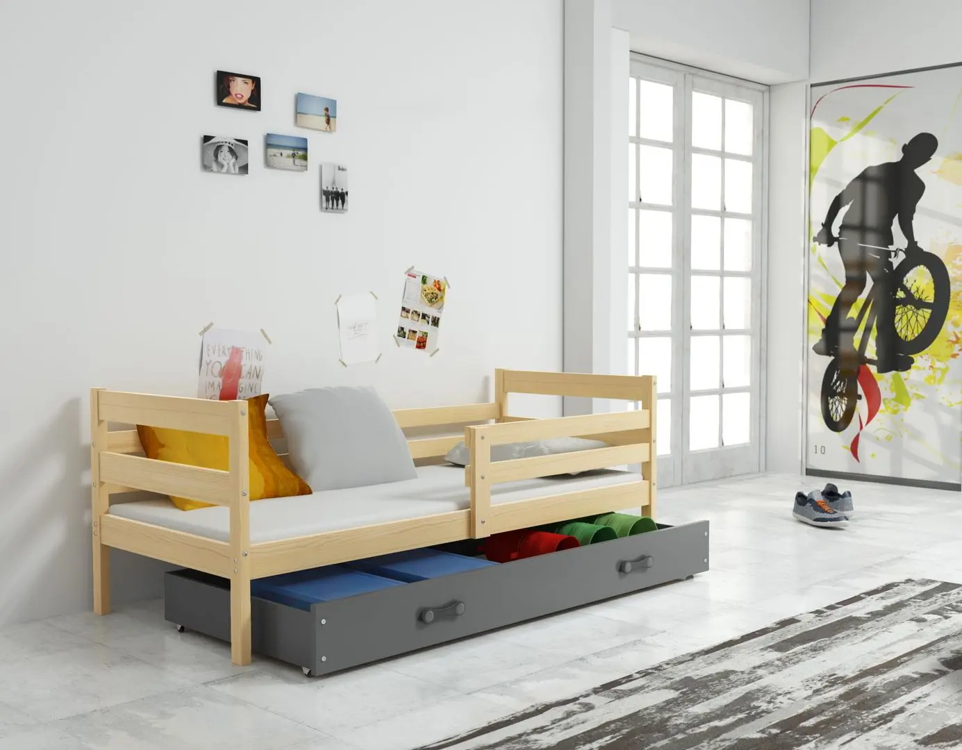 Pat BMS Group Eryk cu sertar 90x200 (Pine/Graphite)