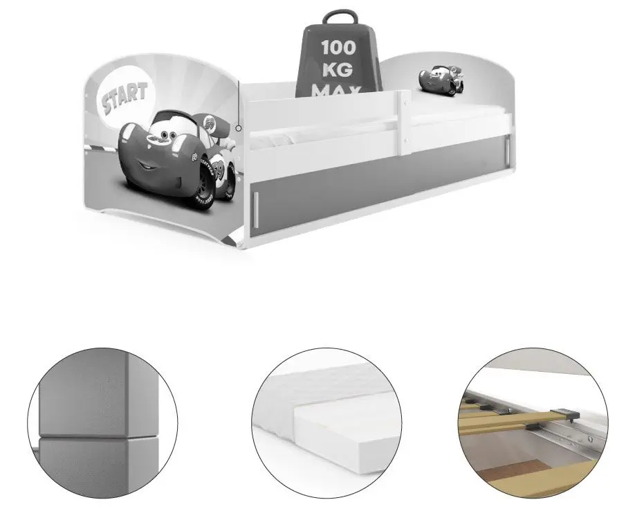 Pat BMS Group Luki 1 Car cu saltea 80x160 (White/Graphite)